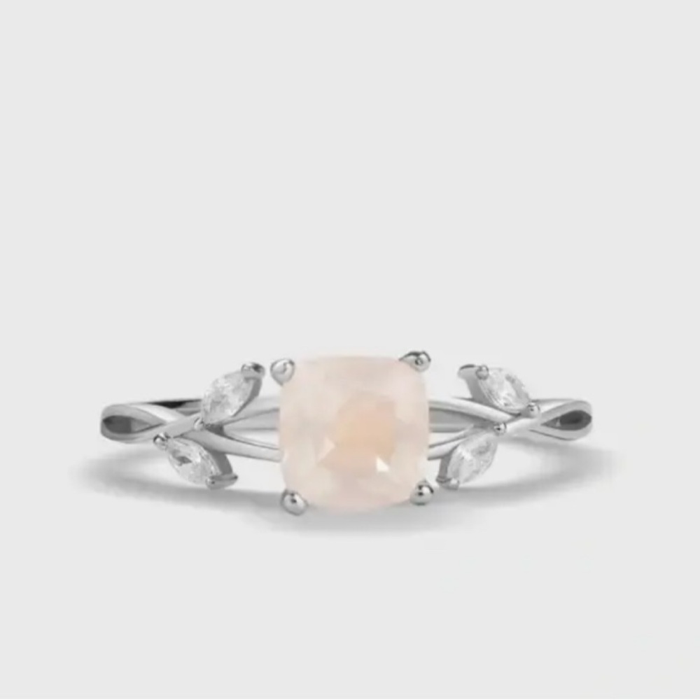 Pink Rose Quartz Leaf Stacking Ring, 925 Sterling Silver